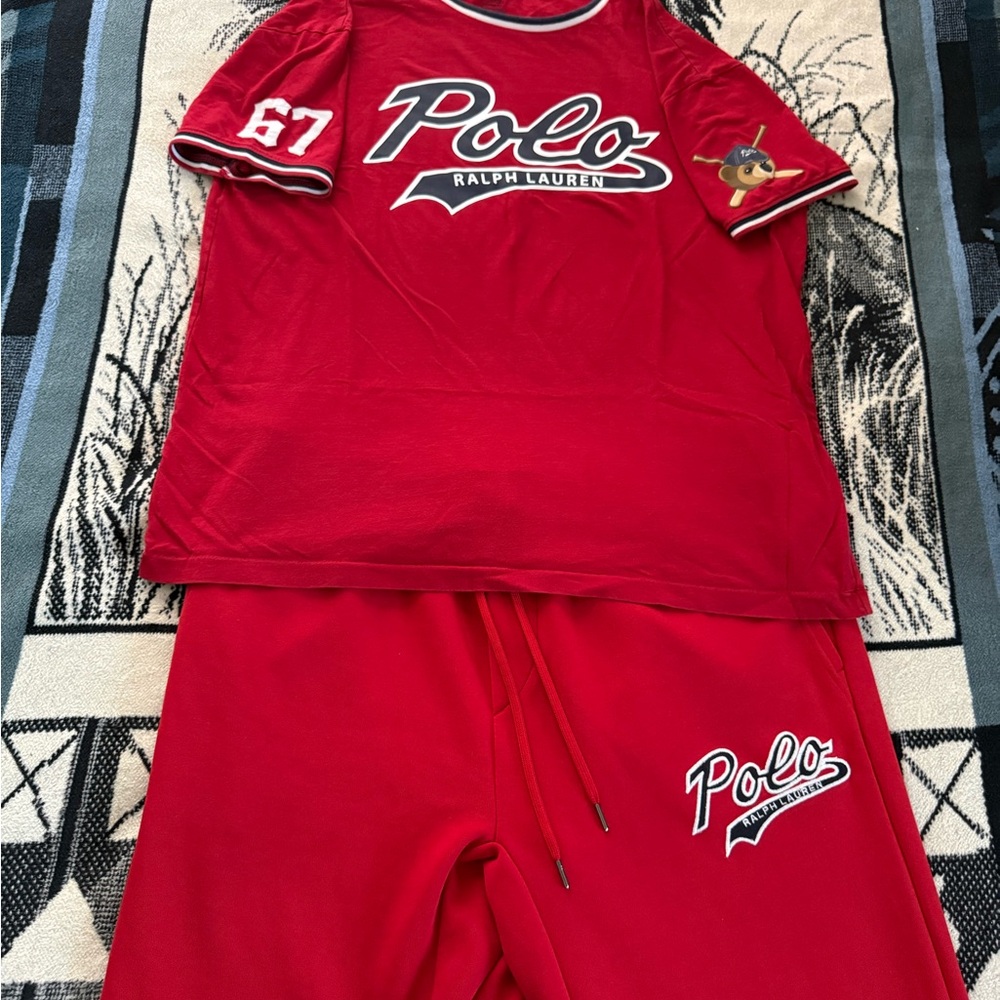 Polo Ralph Lauren Polo Baseball Bear 67 Cherry Red/Blue Sweatpants & Shirt Set